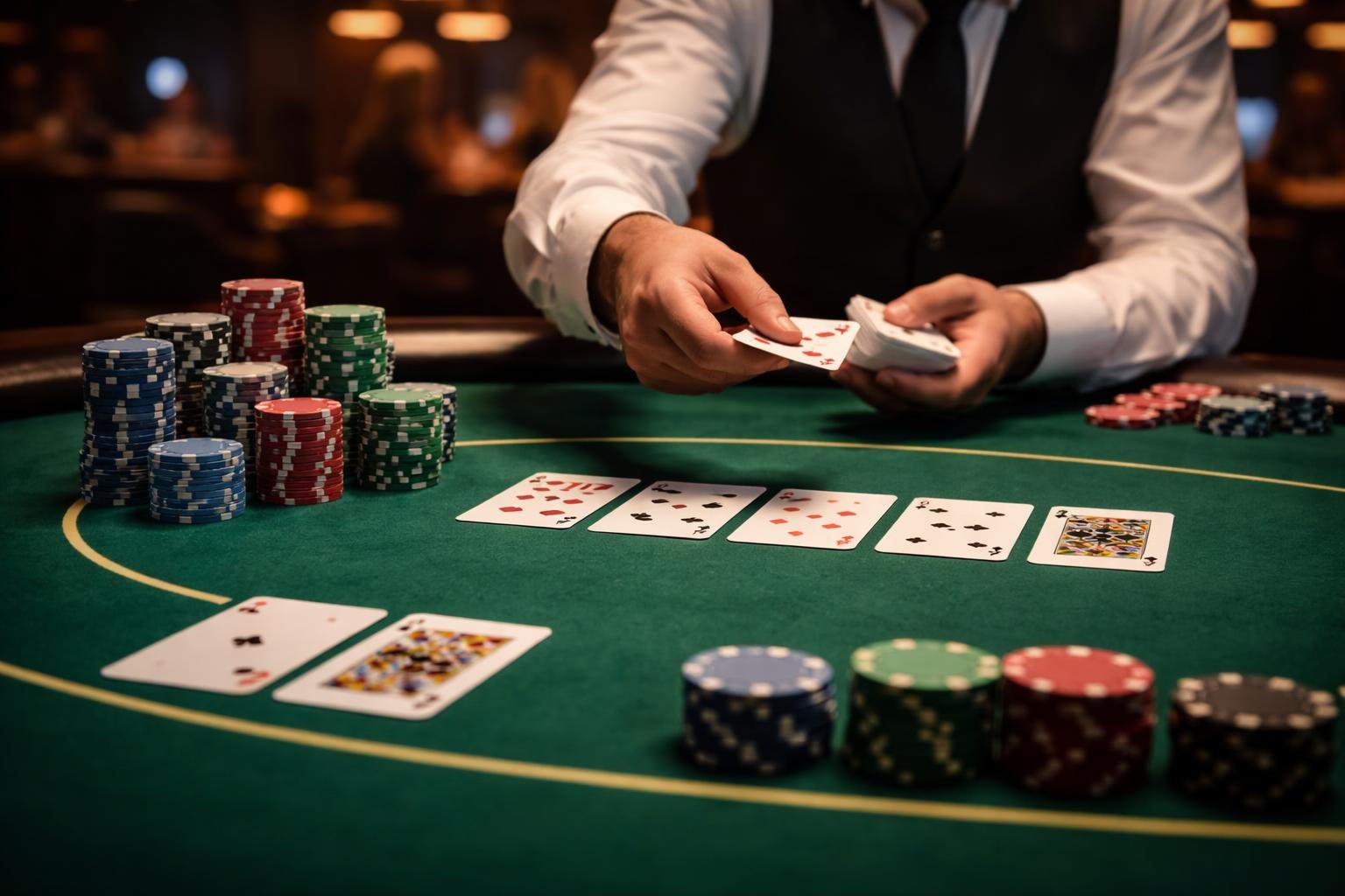 A casino table with playing cards and poker chips, showing a dealer dealing cards to players.