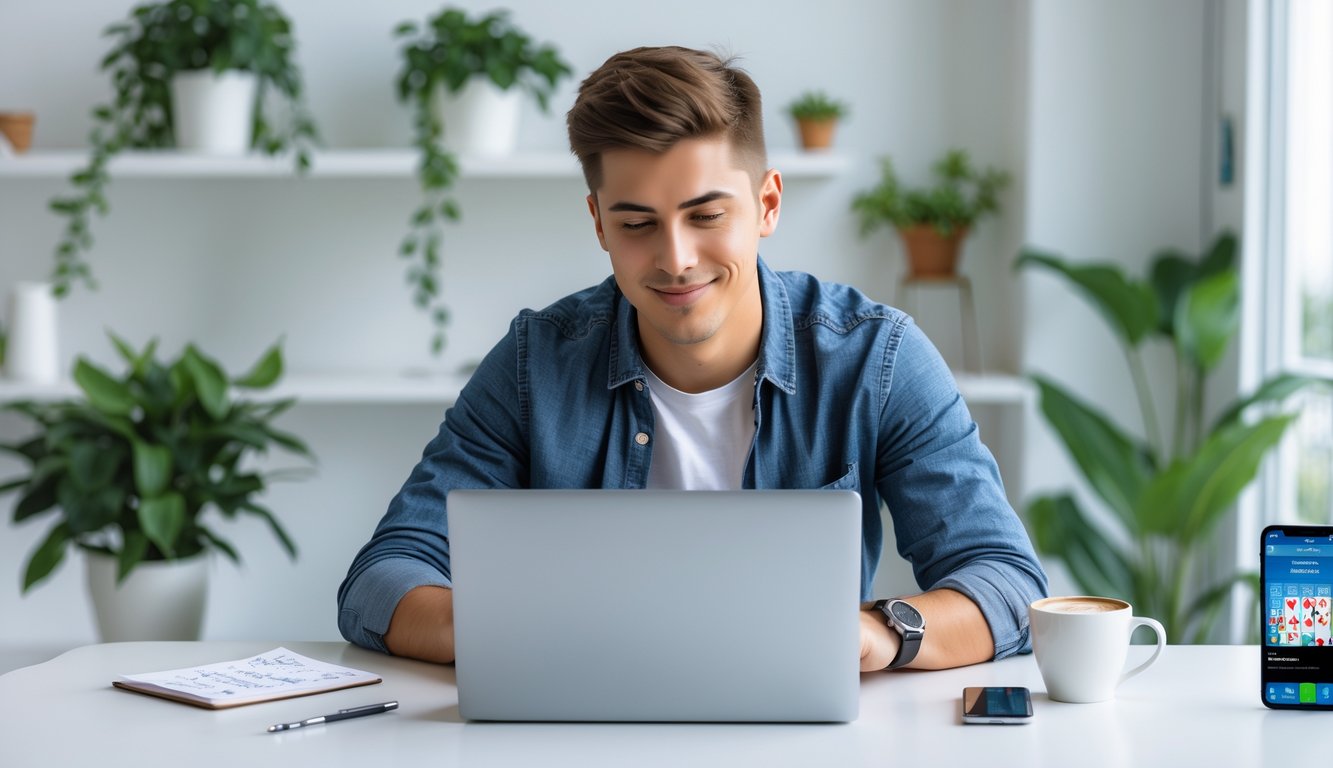 Seorang pria muda duduk di meja modern sambil bermain kartu online di laptop di ruang kerja rumah yang terang dan rapi.