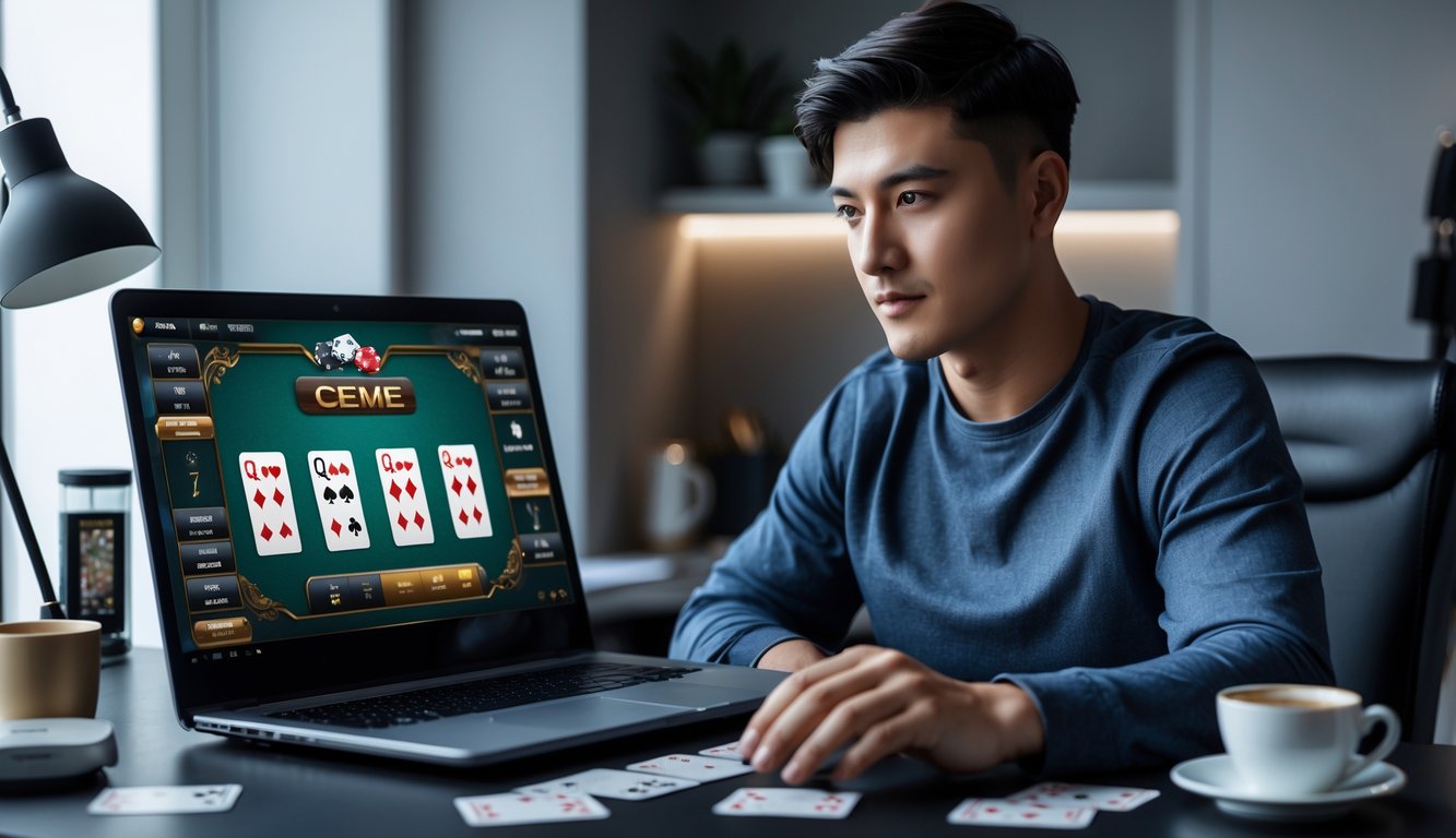 Seorang pria muda duduk di depan laptop di ruang kerja rumah, fokus bermain permainan kartu online dengan chip dan kartu di atas meja.