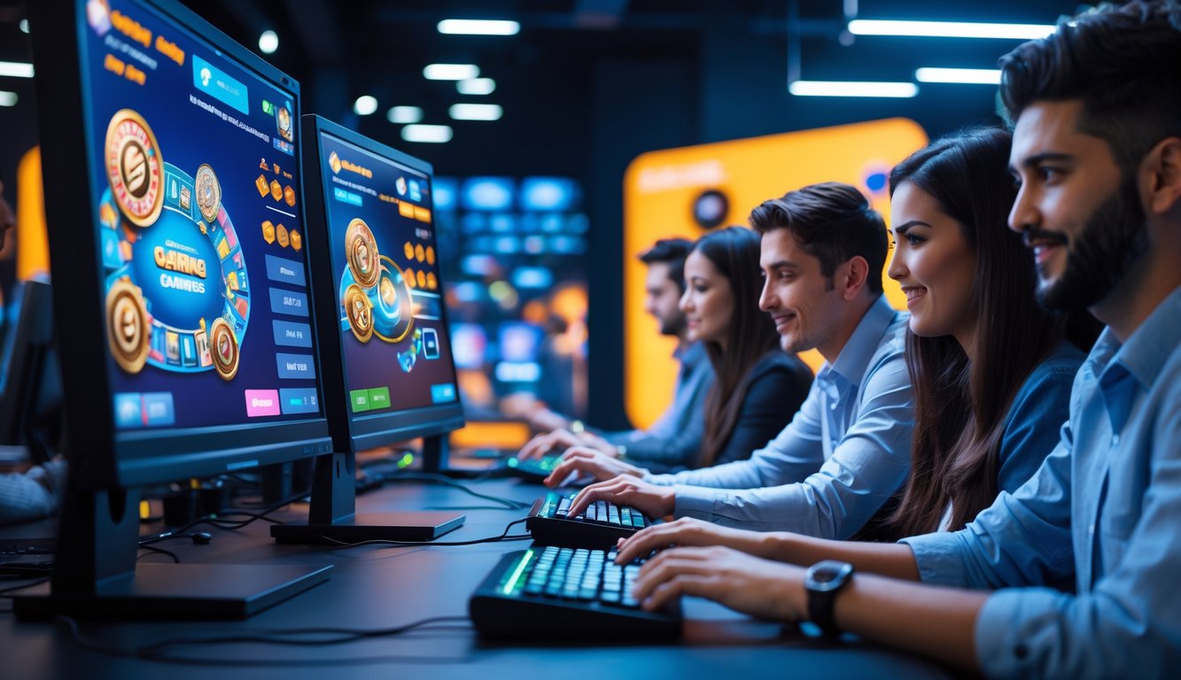 Beberapa orang muda sedang bermain permainan kartu online di komputer dengan layar berwarna cerah di sebuah ruang kerja modern.