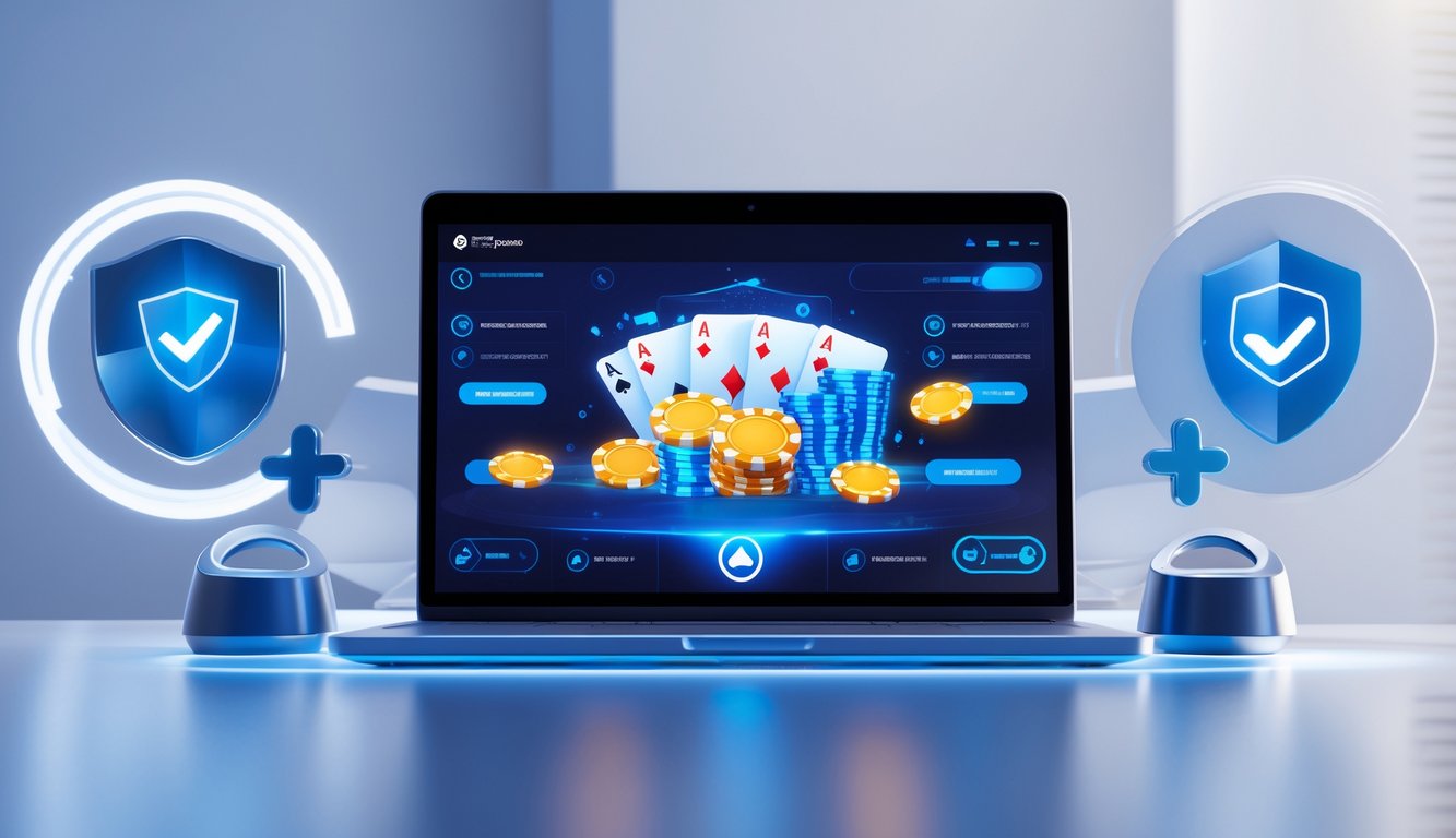 Seorang pengguna sedang bermain permainan kartu online di komputer dengan suasana yang profesional dan terpercaya.