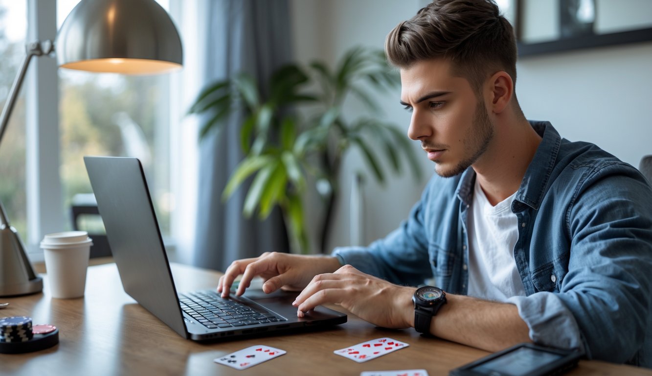Seorang pria muda sedang fokus bermain permainan kartu online di depan laptop di ruang kerja rumah yang nyaman.