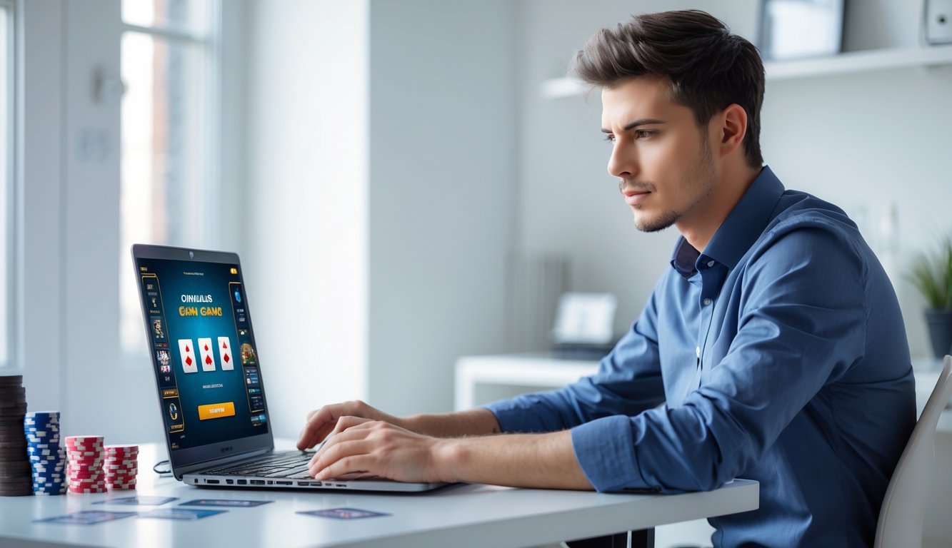 Seorang pria muda duduk di depan laptop dengan kartu dan chip poker di meja, fokus bermain permainan kartu online di ruangan yang terang dan rapi.