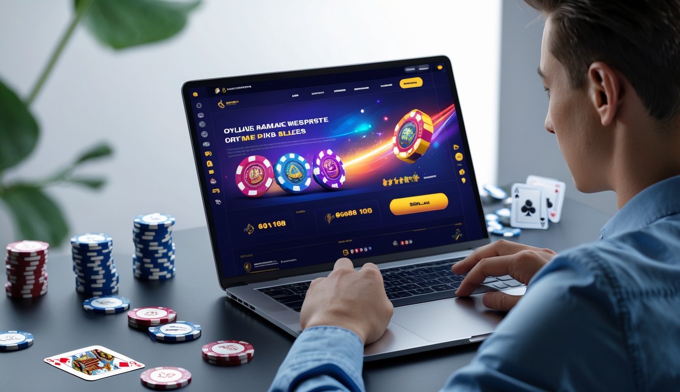 Seorang dewasa muda duduk di depan laptop di ruang kerja modern dengan elemen permainan online seperti chip poker dan kartu di meja.