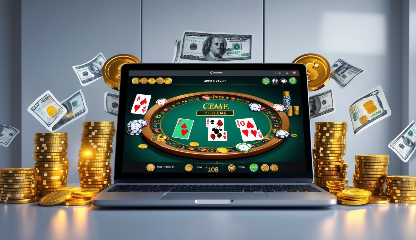 Seorang pria sedang bermain permainan kartu online di laptop dengan tumpukan chip dan uang di meja.