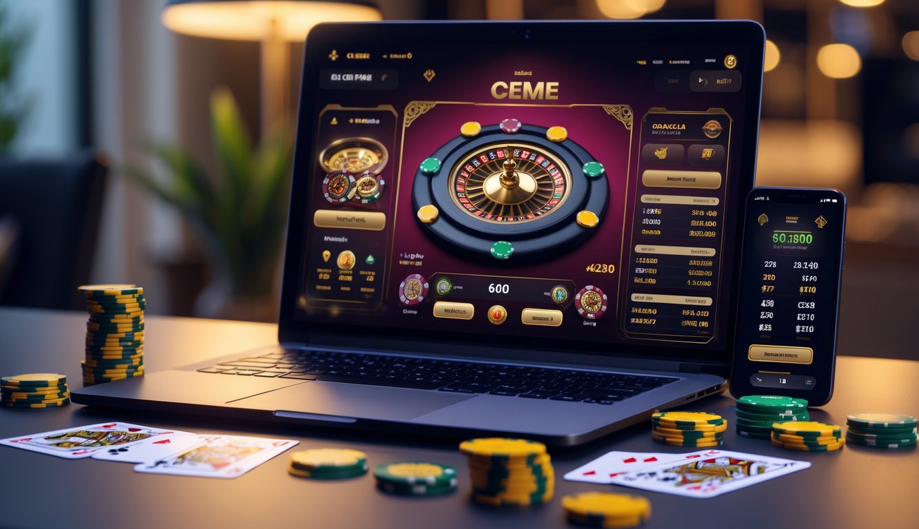 Sebuah laptop dengan permainan kartu Ceme online di layar, dikelilingi chip poker dan kartu remi di atas meja kerja.