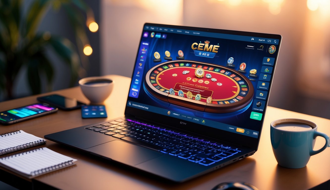 Seorang pemain menggunakan laptop dengan tampilan meja permainan kartu Ceme online, dikelilingi aksesori bermain seperti ponsel dan catatan strategi.