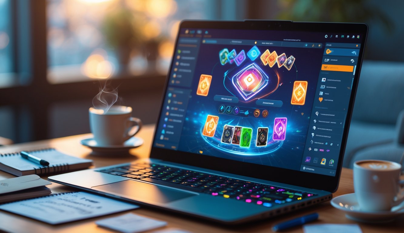 Seseorang sedang menggunakan laptop dengan tampilan permainan kartu online di layar, dikelilingi oleh buku catatan dan secangkir kopi di meja.