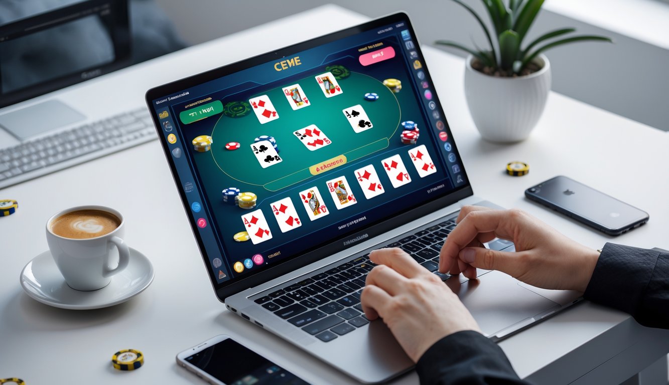 Seseorang menggunakan laptop dengan permainan Ceme online di layar, tangan sedang berinteraksi dengan permainan di meja kerja yang rapi.