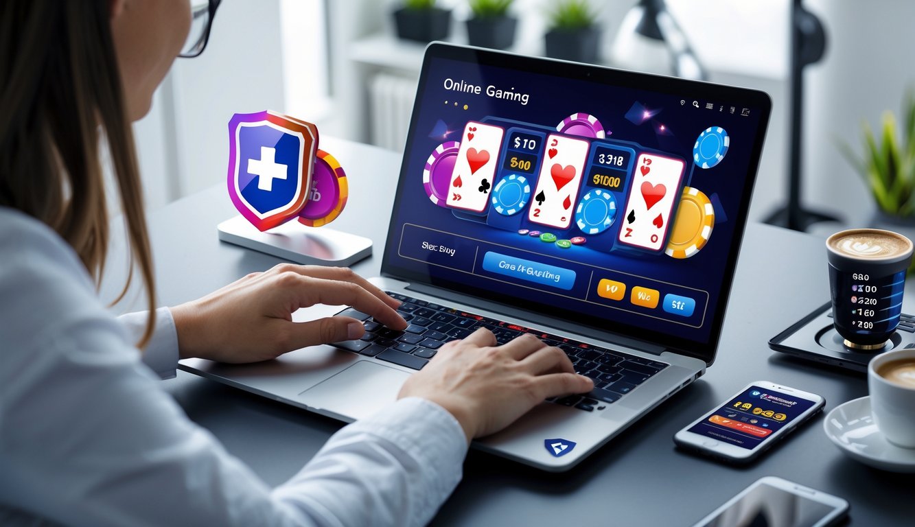 Seseorang menggunakan laptop di meja kerja dengan permainan kartu online di layar, suasana rapi dan nyaman.