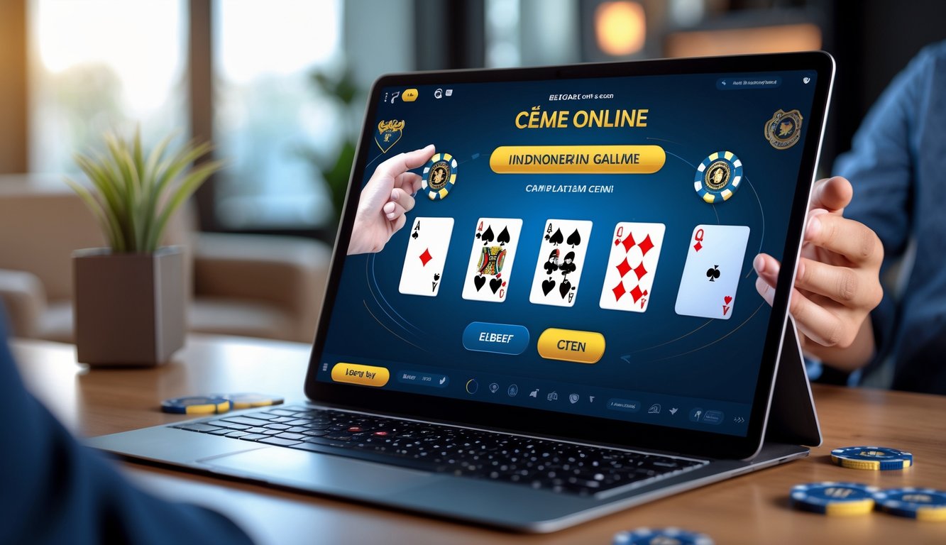 Seorang pemain sedang menggunakan laptop untuk bermain permainan kartu online di ruangan yang terang dan nyaman.