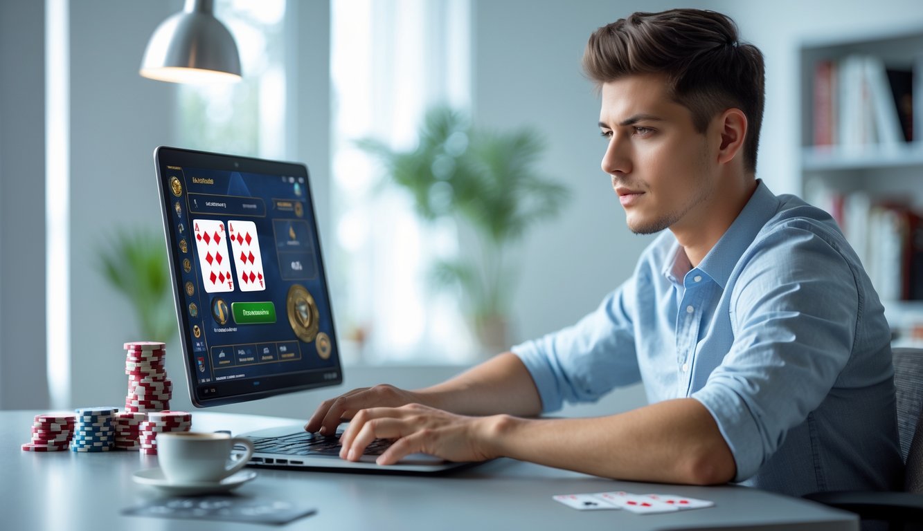 Seorang pria muda duduk di meja dengan laptop, fokus bermain permainan kartu online di ruang kerja modern.