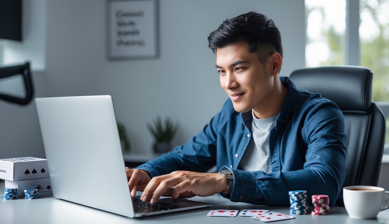 Seorang pria muda duduk di meja dengan laptop, fokus bermain permainan kartu online di ruangan yang terang dan rapi.