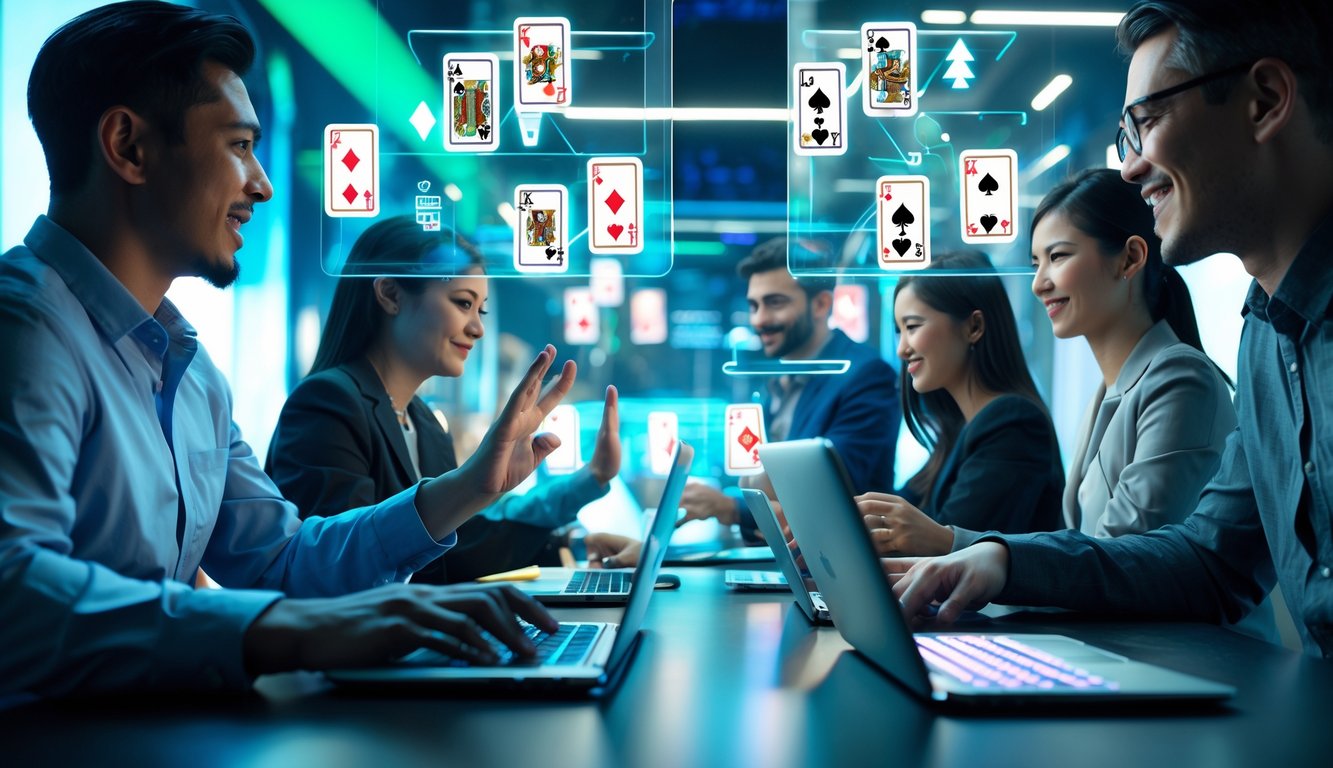 Orang-orang yang fokus bermain game kartu online di lingkungan teknologi modern dengan layar digital dan perangkat elektronik.