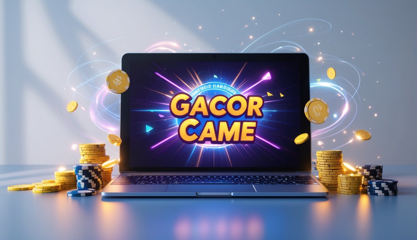 Seorang pemain menggunakan laptop dengan tampilan permainan kartu Ceme online yang menampilkan grafik warna-warni dan simbol kemenangan, dikelilingi oleh koin dan chip poker yang bersinar.