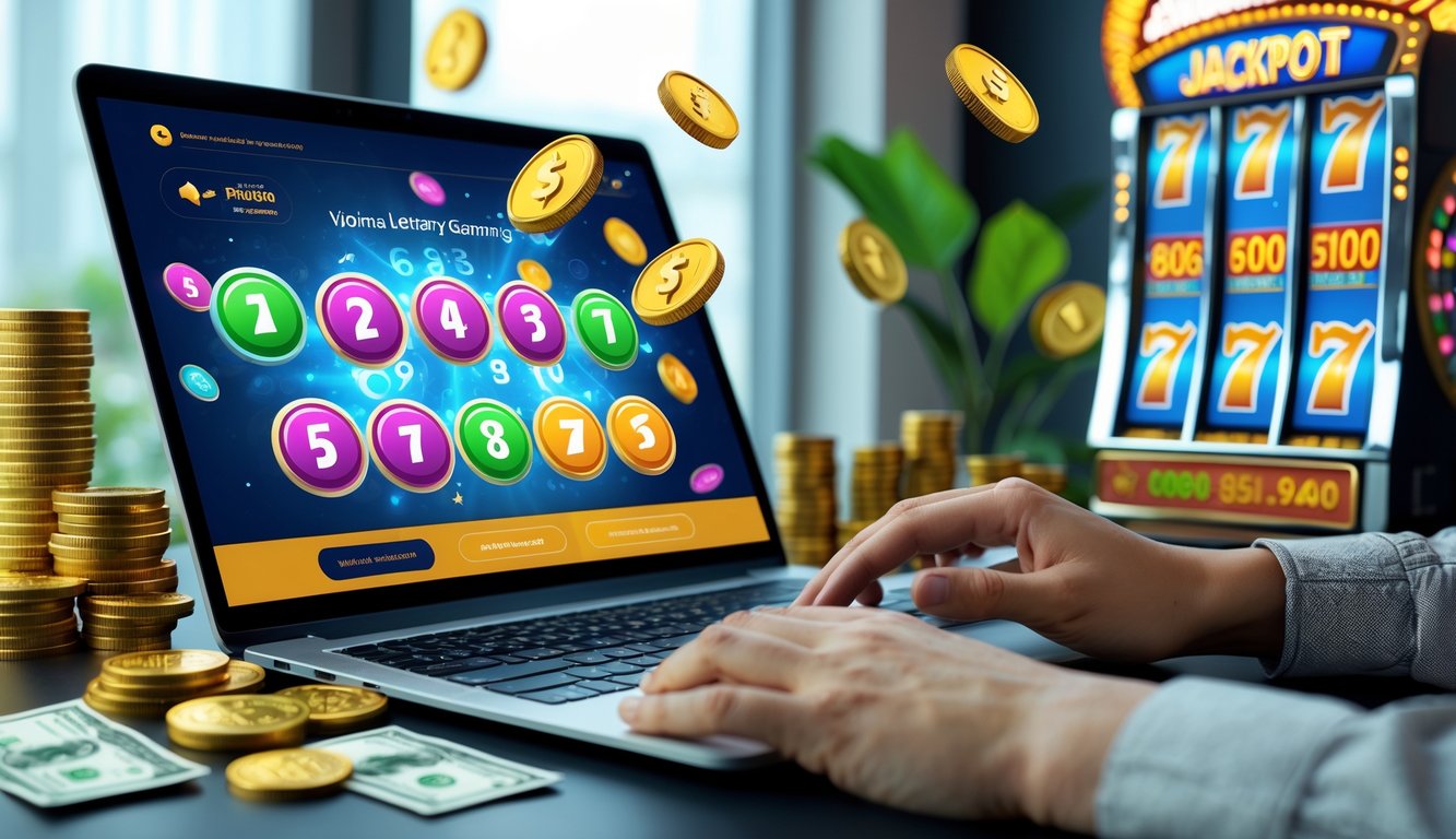 Meja kerja modern dengan laptop menampilkan situs lotre online dan uang rupiah di sekitarnya, tangan seseorang sedang mengetik di keyboard.