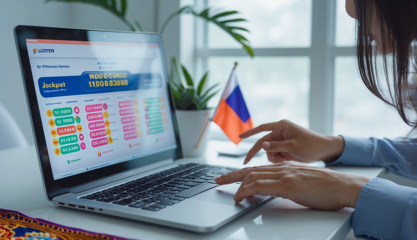 Seorang pria menggunakan laptop di meja kerja dengan tampilan antarmuka lotre online, di sekitar meja terdapat elemen budaya Indonesia seperti kain batik dan bendera kecil.