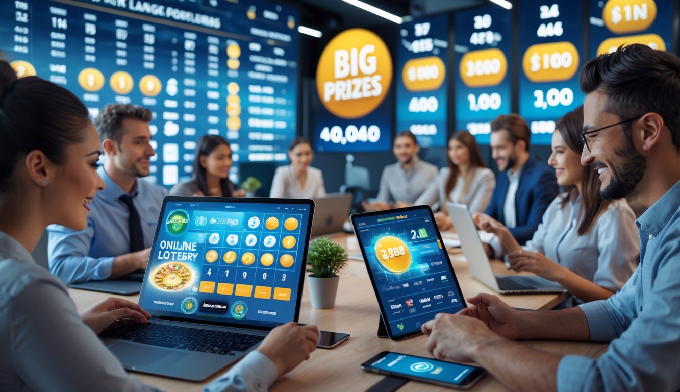 Orang-orang menggunakan perangkat digital di kantor modern yang menunjukkan suasana permainan togel online dengan hadiah besar.