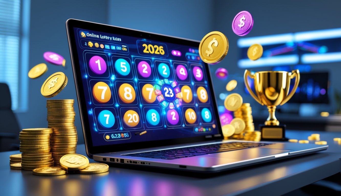 Sebuah laptop di meja dengan layar menampilkan angka lotere dan simbol jackpot, dikelilingi oleh koin dan tumpukan uang di ruang kerja yang terang.