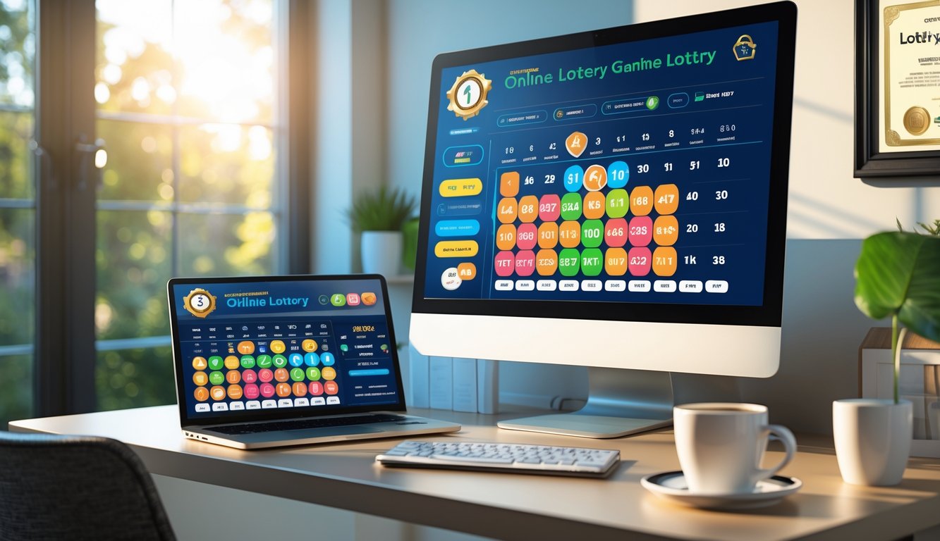 Meja kerja modern dengan komputer dan ponsel menampilkan aplikasi togel online, di dekat jendela dengan cahaya alami.