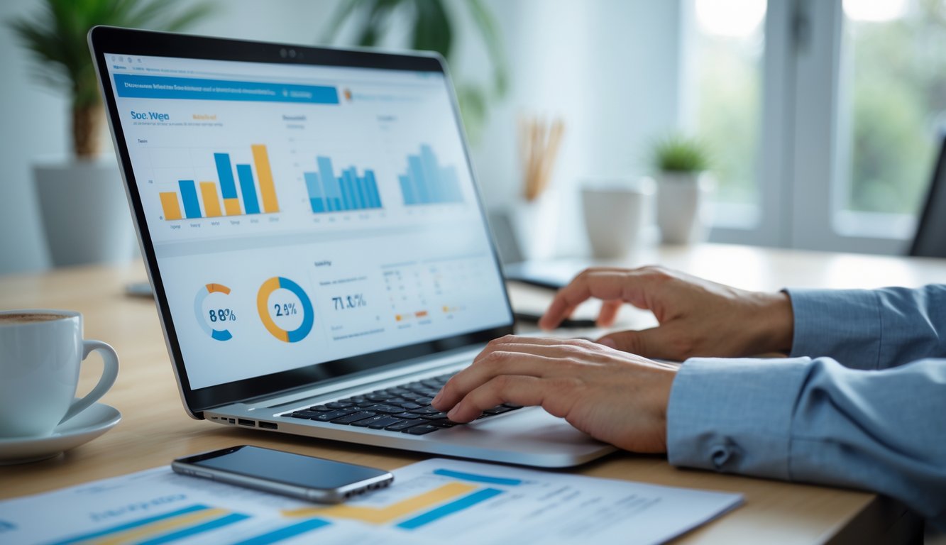 Seseorang sedang menggunakan laptop di ruang kerja rumah yang rapi dengan suasana fokus dan tenang.