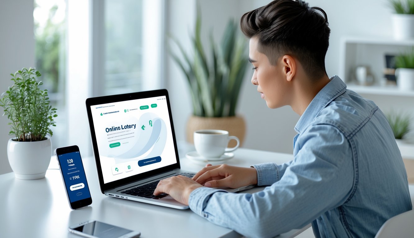 Seseorang menggunakan laptop di meja kerja dengan suasana yang nyaman dan alat elektronik yang menunjukkan aktivitas togel online yang aman.