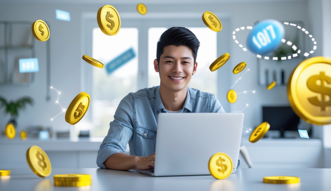 Seorang dewasa muda duduk di meja modern menggunakan laptop, dengan latar belakang kantor rumah yang terang dan elemen grafik digital angka lotere dan koin mengambang di sekitar.