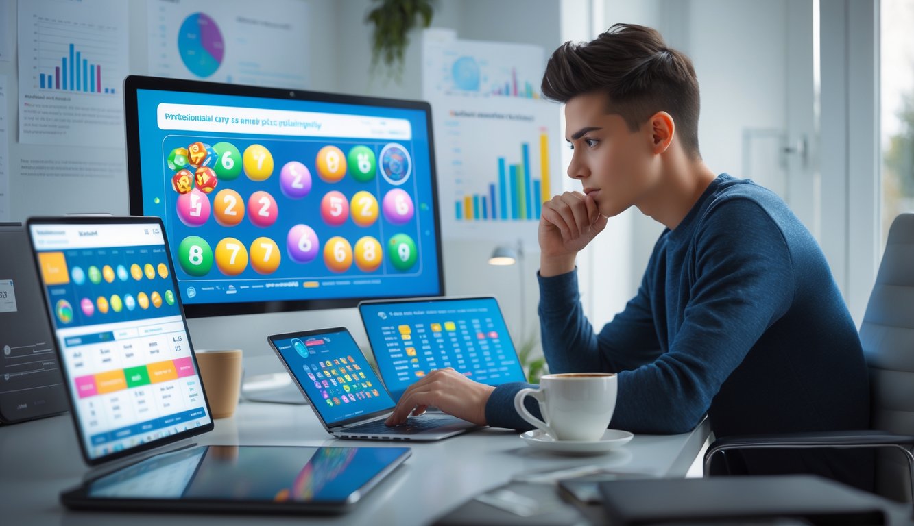 Seorang dewasa muda duduk di meja dengan laptop dan ponsel, fokus menganalisis data permainan togel online di ruang kerja yang rapi.