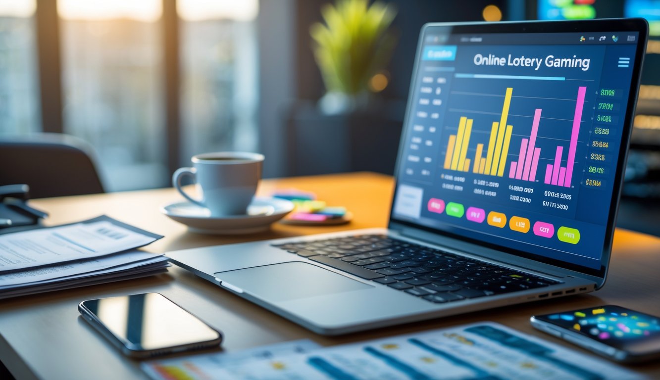 Meja kerja modern dengan laptop menampilkan grafik dan angka lotere, dokumen, ponsel dengan aplikasi lotere, dan secangkir kopi.