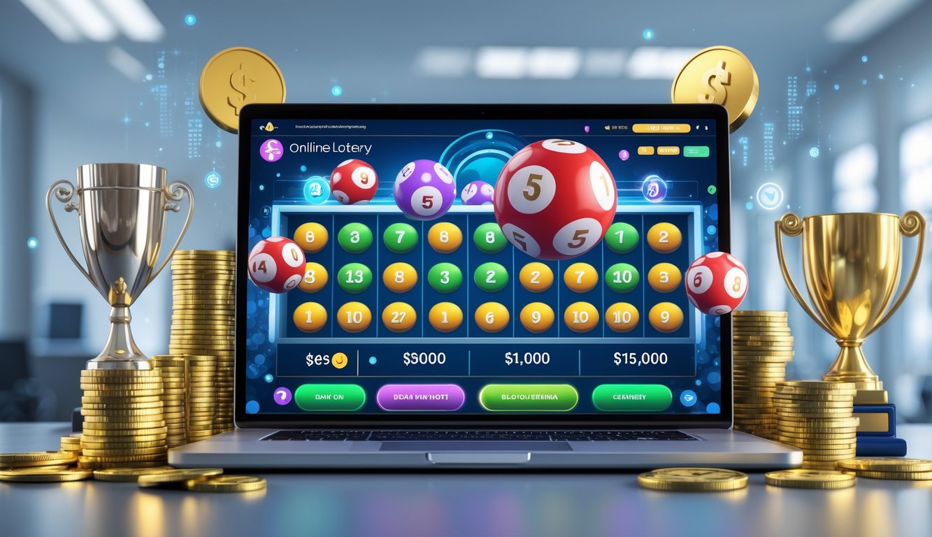 Seorang pria menggunakan laptop dengan tampilan situs togel online dan tumpukan uang serta koin di sekitarnya.