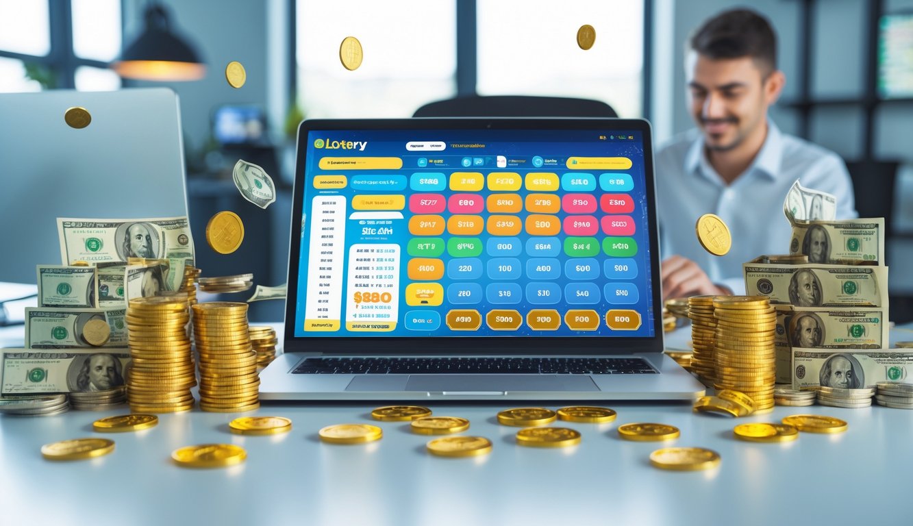 Seorang pria menggunakan laptop dengan tampilan situs togel online dan tumpukan uang serta koin di sekitarnya.