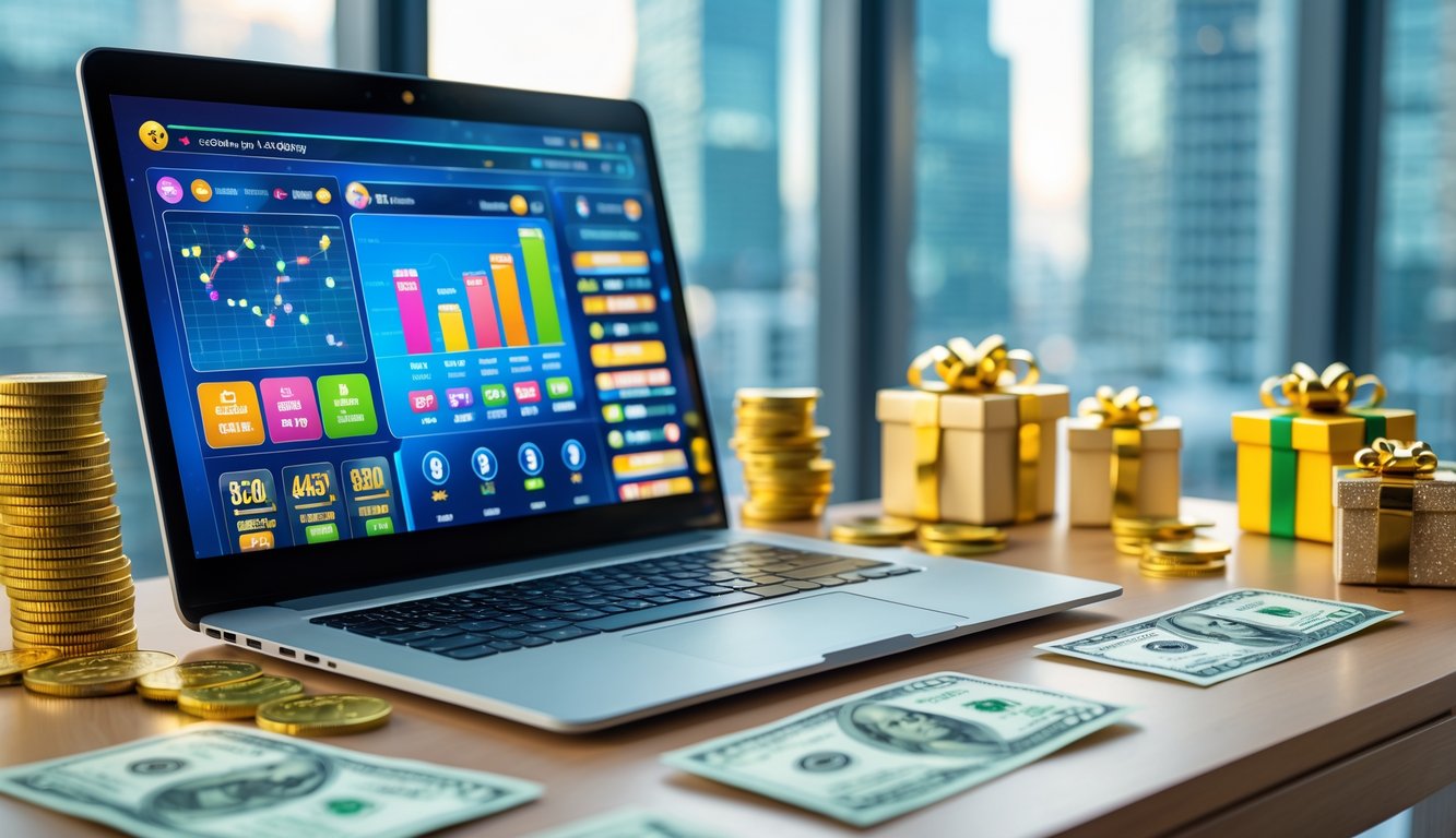 Meja kerja modern dengan laptop menampilkan antarmuka permainan togel online, dikelilingi oleh tumpukan uang dan kotak hadiah di ruang dengan pemandangan kota di latar belakang.