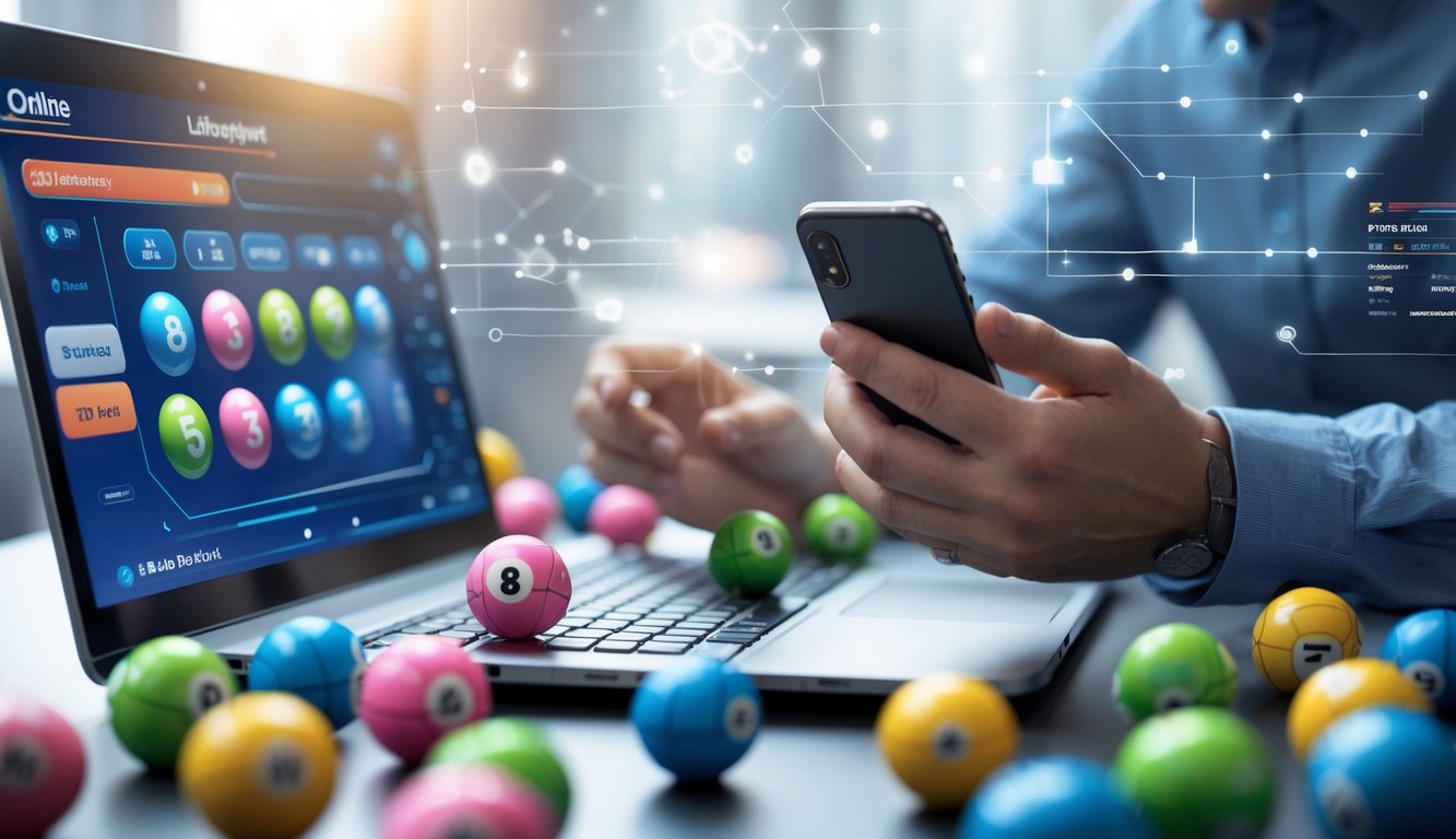Seorang pria menggunakan laptop dan ponsel di meja dengan bola lotre berwarna-warni, menggambarkan aktivitas bandar togel online.