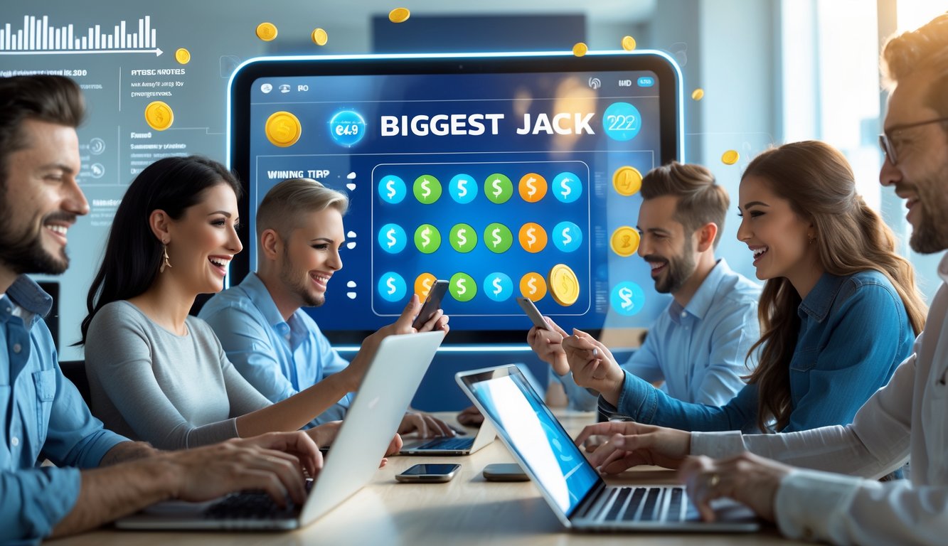 Sekelompok orang menggunakan perangkat digital di ruangan modern dengan layar menampilkan angka jackpot dan ikon tips menang.