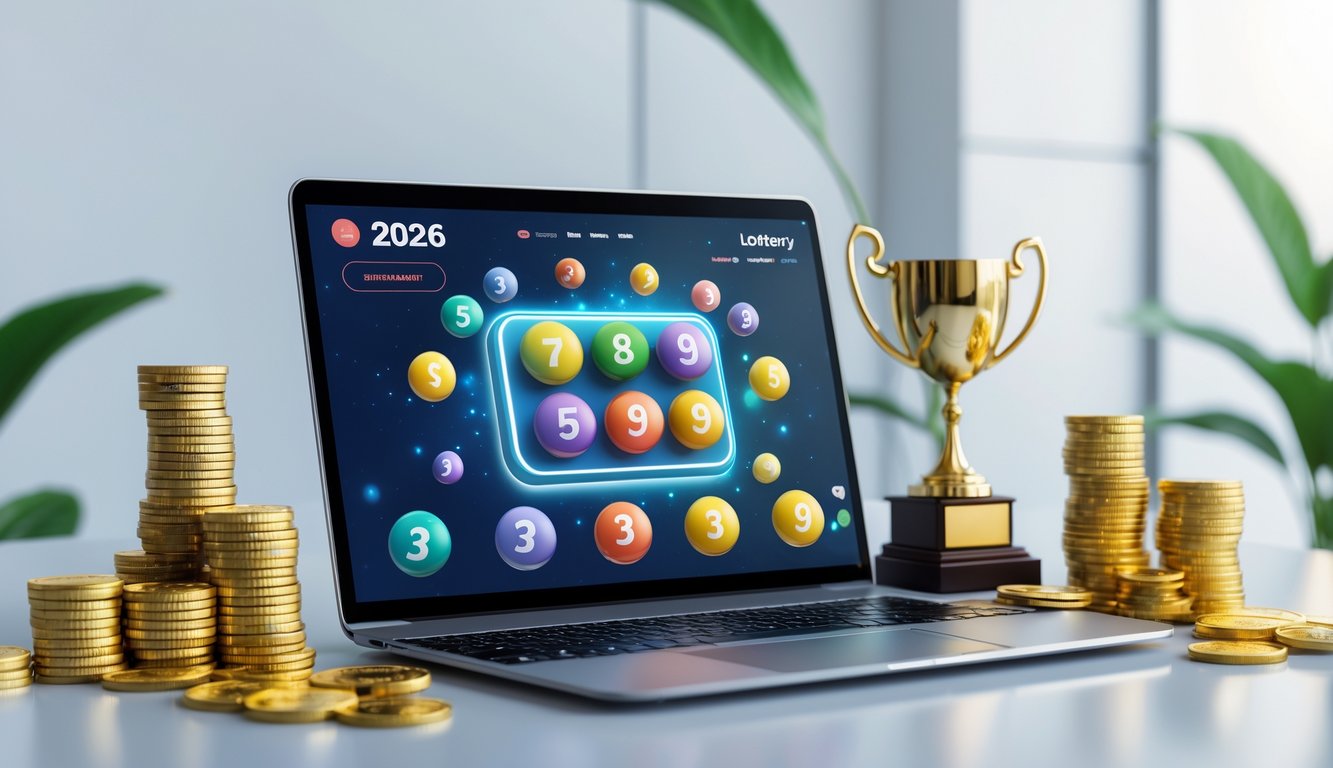 Seorang pria duduk di depan laptop yang menampilkan permainan togel online dengan bola togel berwarna-warni dan simbol kemenangan di meja sekitar.