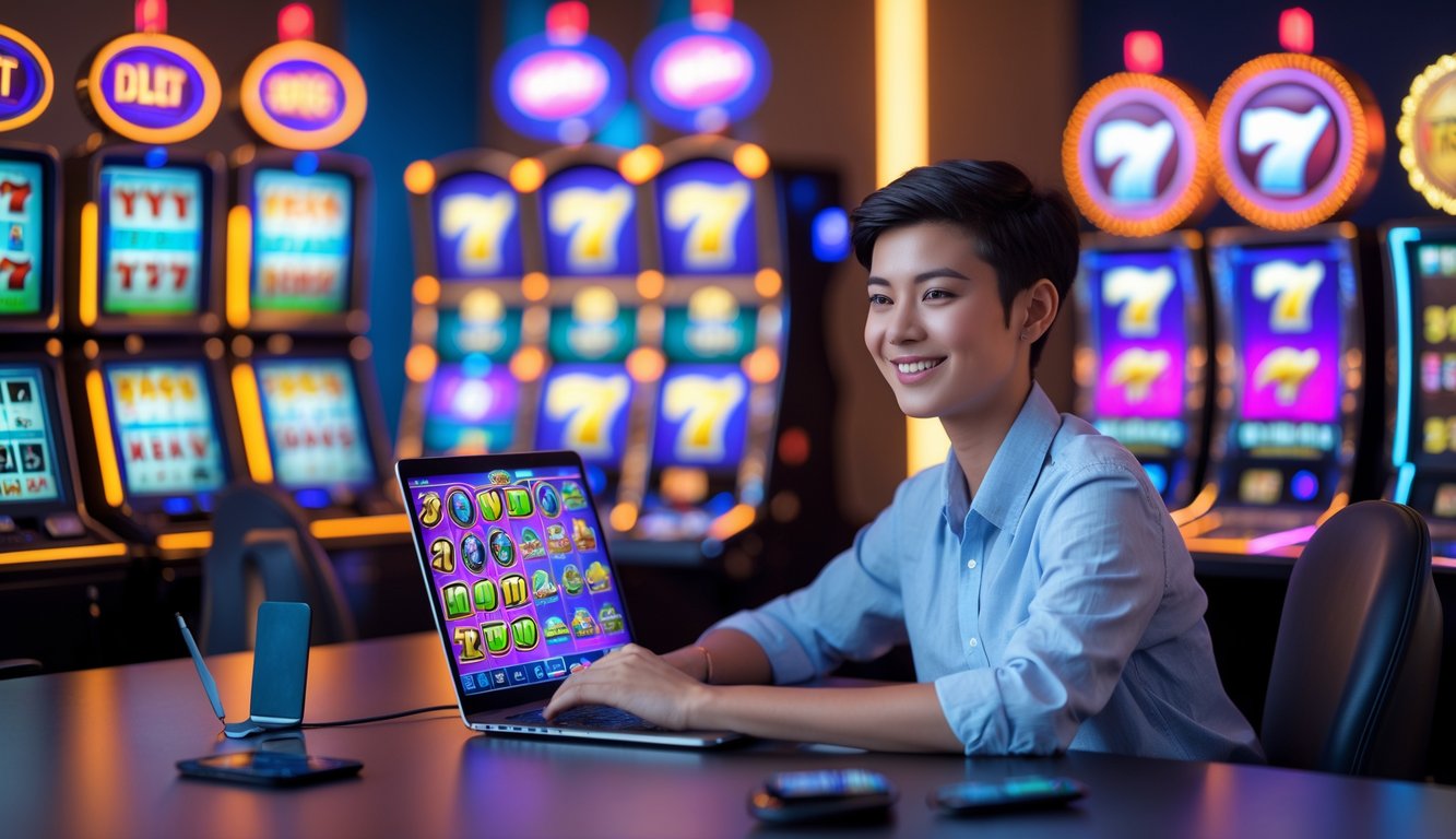 Seorang pemuda duduk di depan laptop dan ponsel yang menampilkan permainan slot online, dengan latar belakang suasana kasino yang samar dan lampu mesin slot.