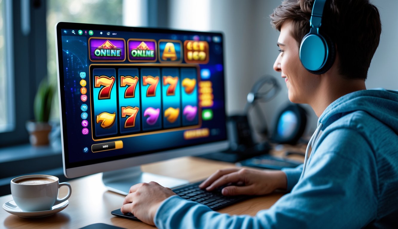 Seorang dewasa muda sedang bermain permainan slot online di komputer di ruang kerja yang nyaman.