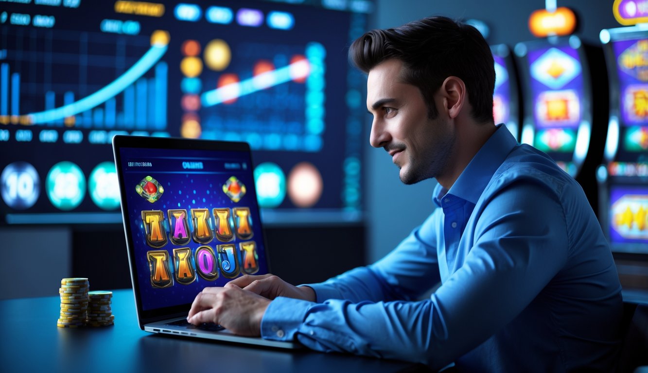 Seorang pria duduk di depan laptop yang menampilkan permainan slot online, terlihat fokus dan percaya diri dalam ruangan modern.