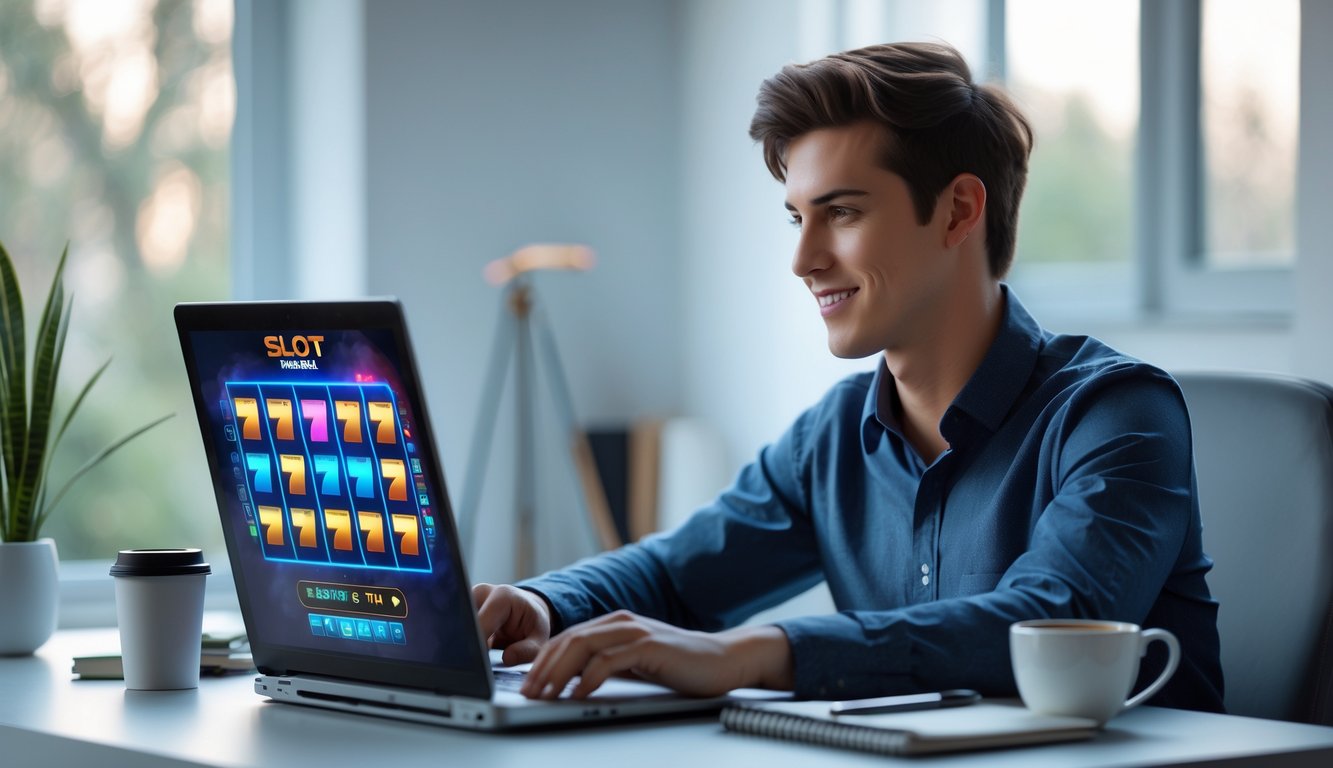 Seorang dewasa muda duduk di meja modern sambil bermain permainan slot online di laptop dengan ekspresi fokus dan percaya diri.