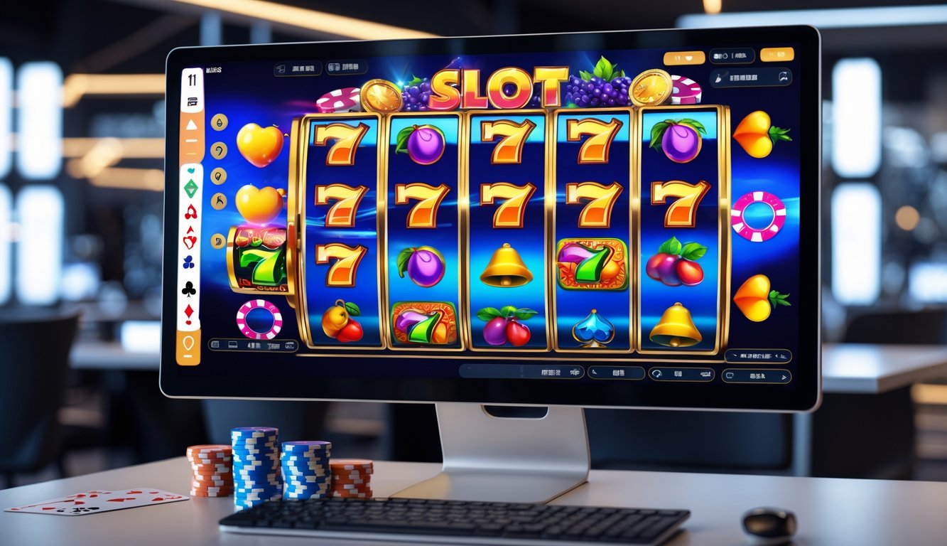 Sebuah komputer dengan layar menampilkan permainan slot online berwarna-warni di ruang kerja yang rapi dan terang.
