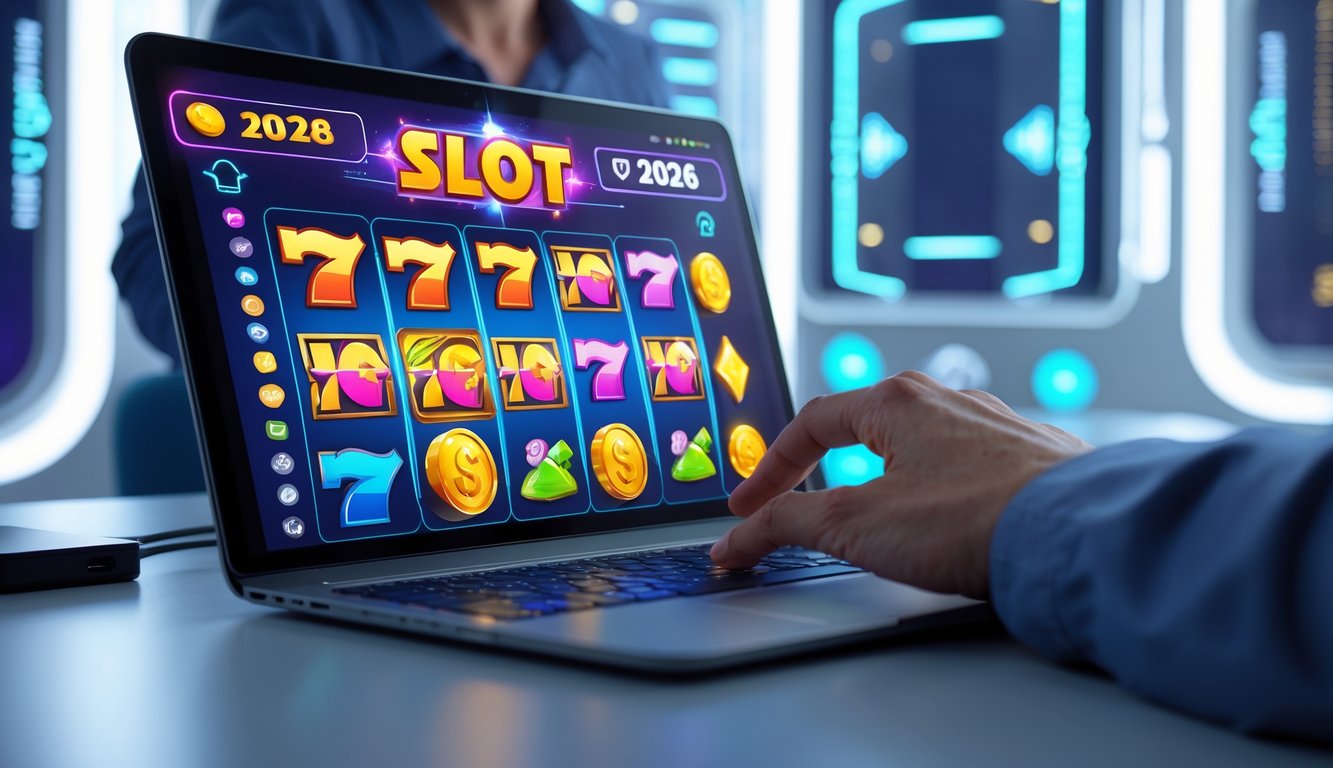 Seseorang menggunakan laptop dengan tampilan permainan slot online yang berwarna-warni di lingkungan modern dan aman.
