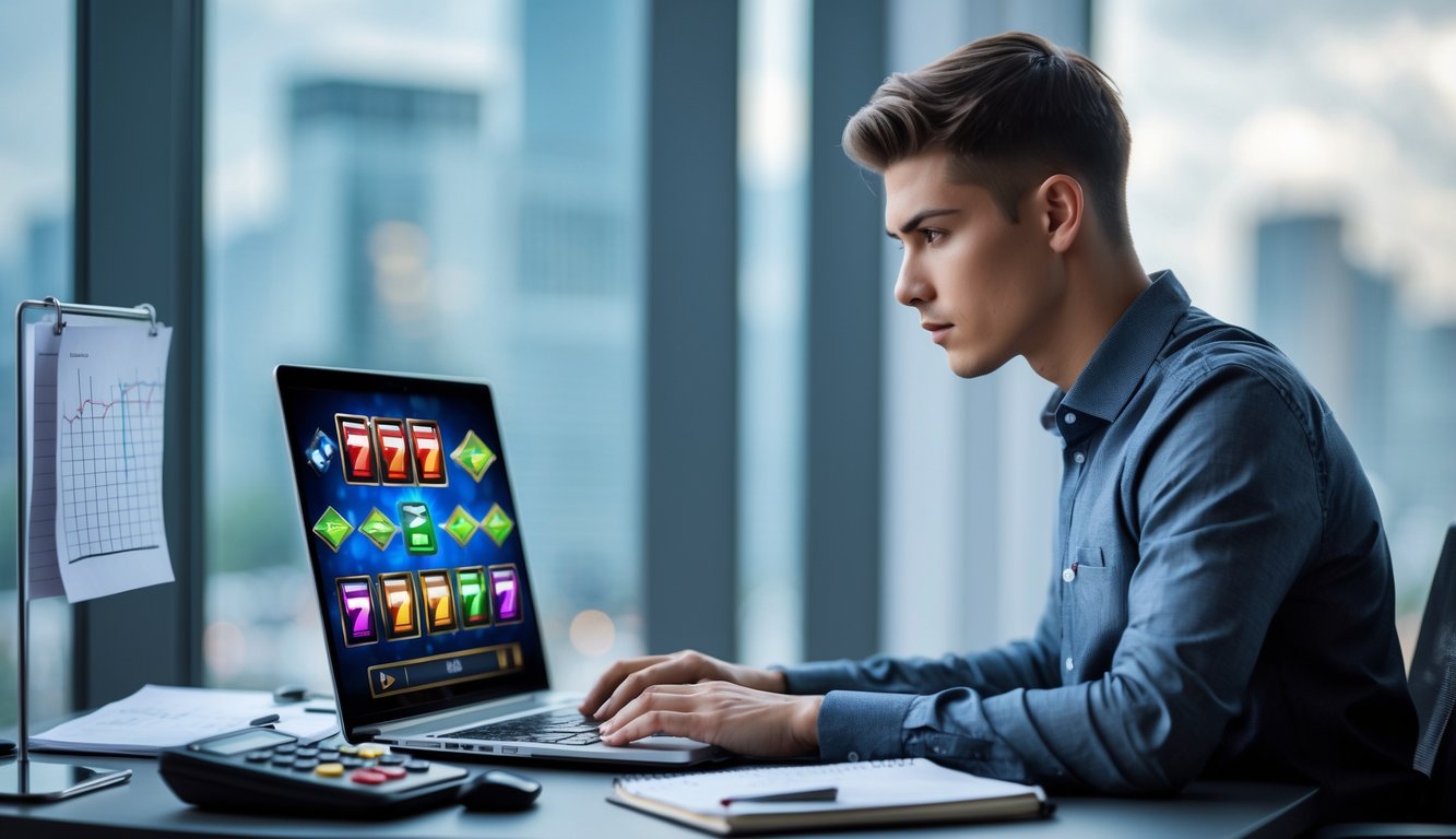 Seorang dewasa muda sedang menggunakan laptop di kantor modern dengan grafik mesin slot di layar, dikelilingi oleh alat tulis dan grafik keuangan.