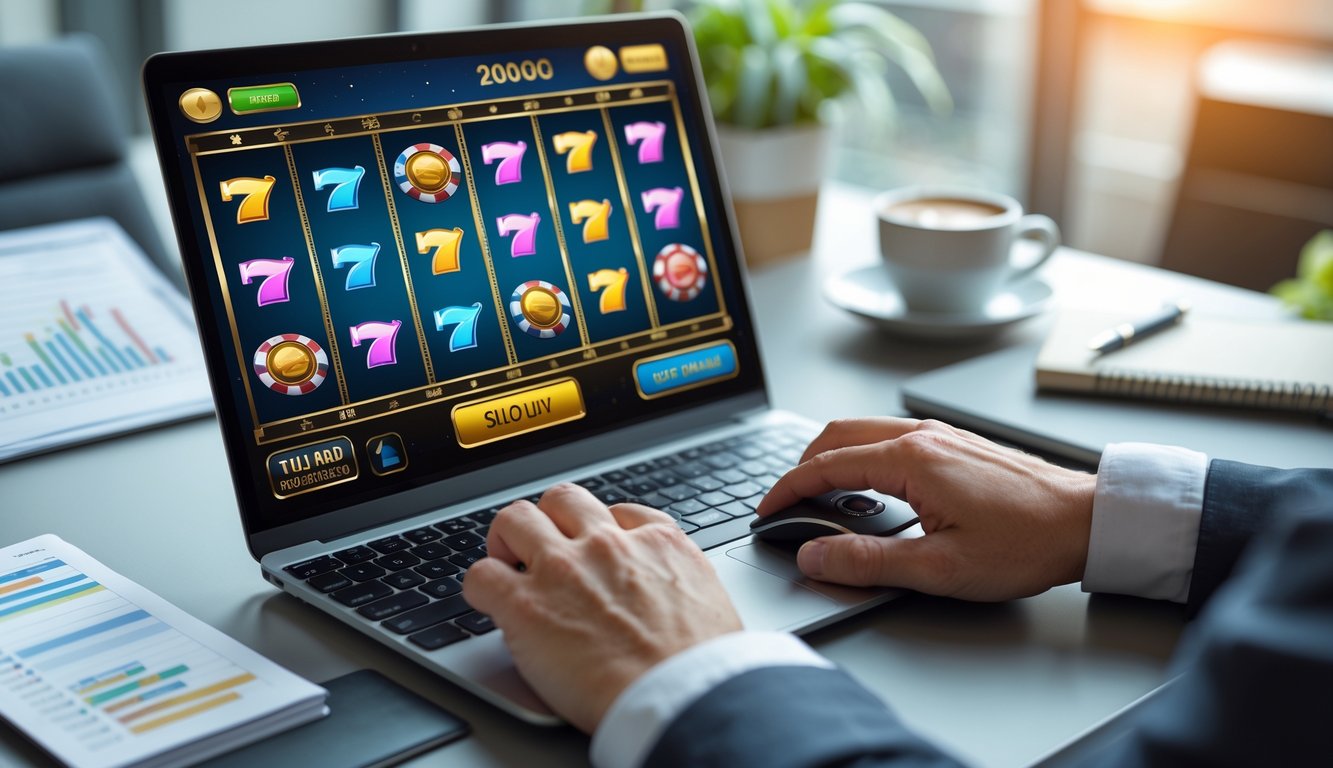 Meja kerja dengan laptop yang menampilkan permainan slot online dan tangan seseorang yang sedang menggunakan mouse dan keyboard.
