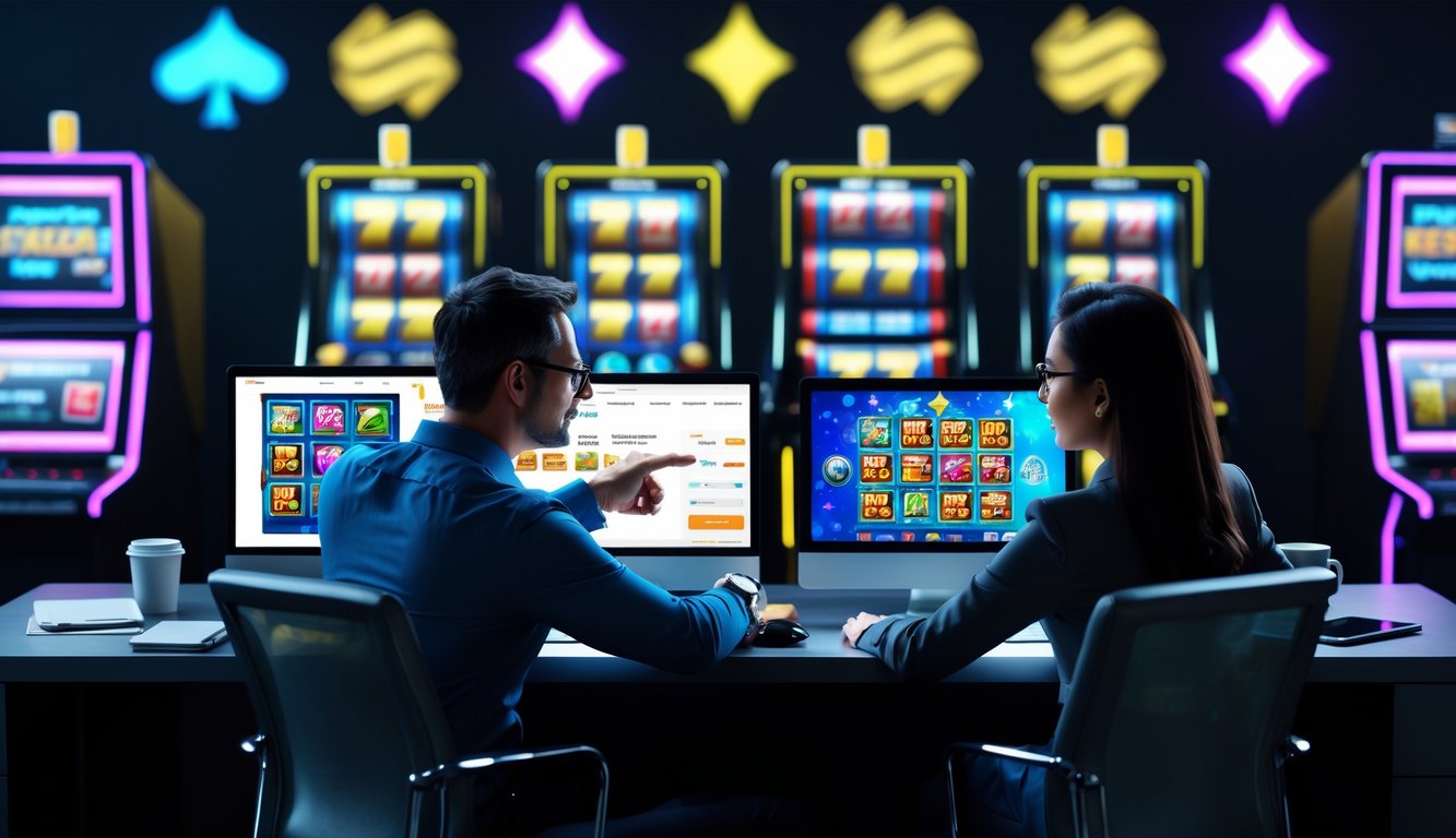 Dua orang dewasa sedang berdiskusi dan melihat layar perangkat digital yang menampilkan permainan slot online di sebuah meja kerja modern.