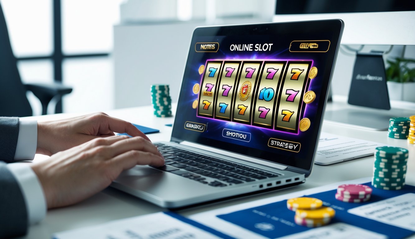 Meja kerja modern dengan laptop yang menampilkan permainan slot online, tangan seseorang sedang menggunakan laptop, dan beberapa catatan serta chip poker di atas meja.