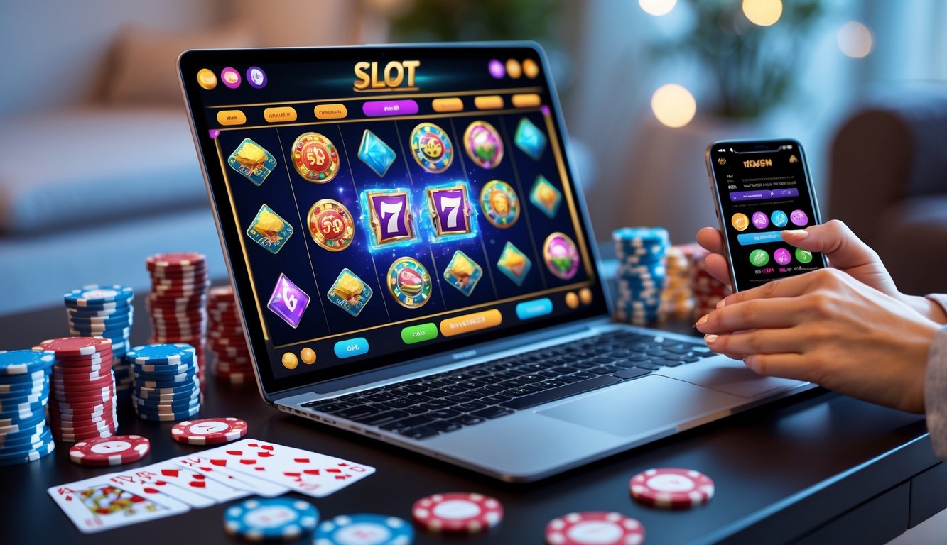 Seorang pengguna bermain game slot online di laptop dan smartphone dengan chip kasino di meja.