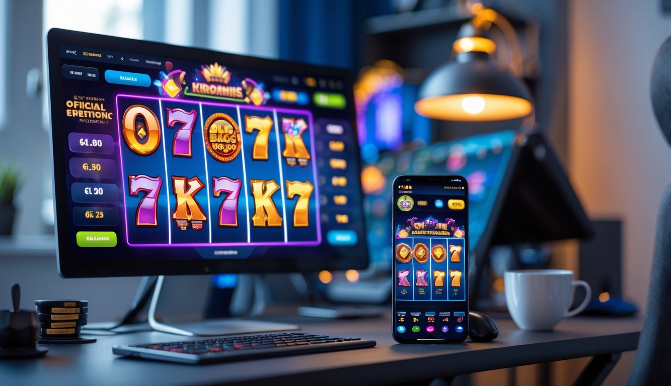 Seseorang sedang menggunakan komputer dan ponsel untuk bermain permainan slot online di ruang kerja modern.