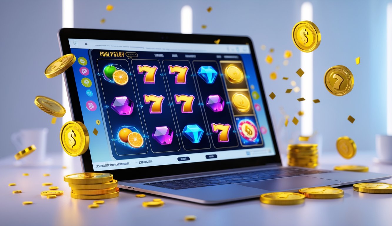 Layar komputer menampilkan permainan slot online dengan koin dan token emas di sekitarnya.