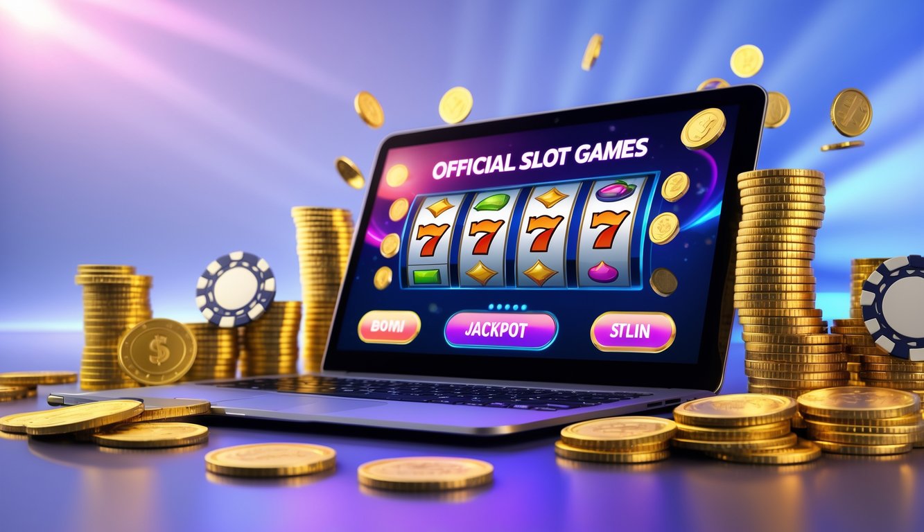 Seseorang menggunakan laptop dengan tampilan permainan slot online dan koin emas serta chip kasino di sekitarnya.
