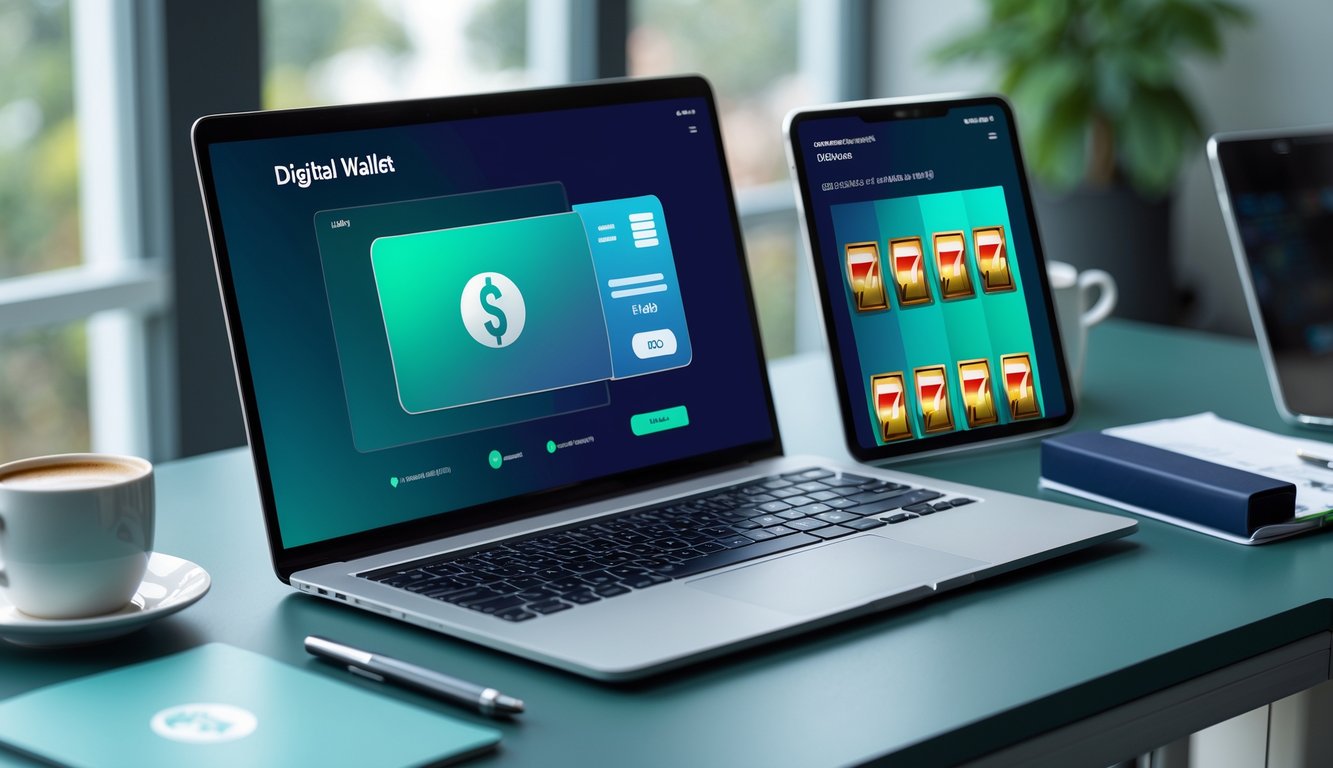 Seorang pengguna sedang melakukan transaksi aman di laptop dan ponsel dengan tampilan dompet digital dan konfirmasi pembayaran, di meja kerja yang rapi dengan ikon permainan slot online di layar.
